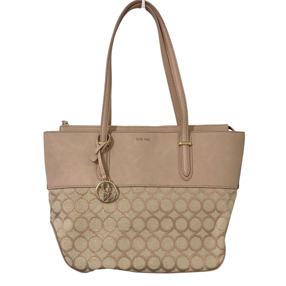 Nine West Reana 9s Jacquard Purse Tote Bag Gold Pink Beige Large NWT